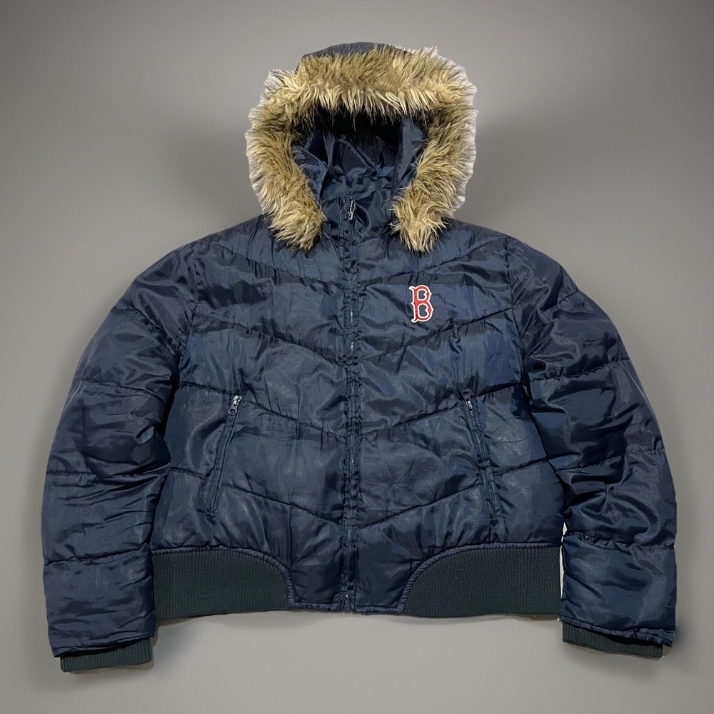 G-III Sports Carl Banks Womens Blue Boston Red Sox Faux Fur Puffer Jacket XL